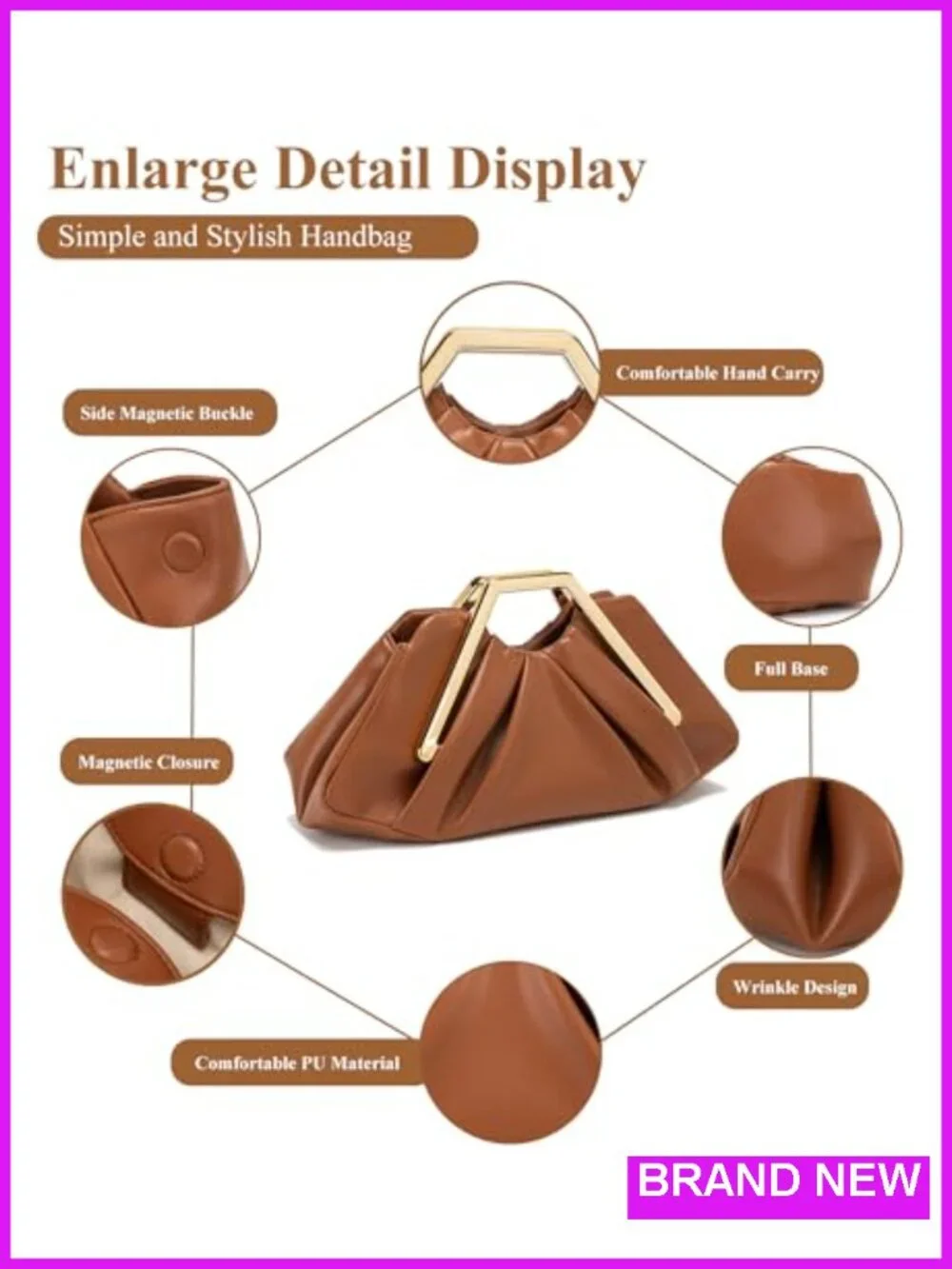 Vegan Leather Ruched Clutch Purse Evening Bag Magnetic Snap